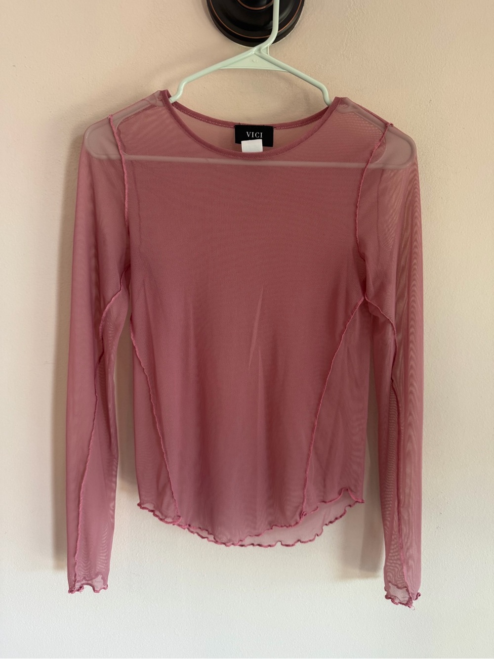 VICI Womens Small Sheer Mesh Long Sleeve Top Pink Lettuce Edge Seam 9764-MV
